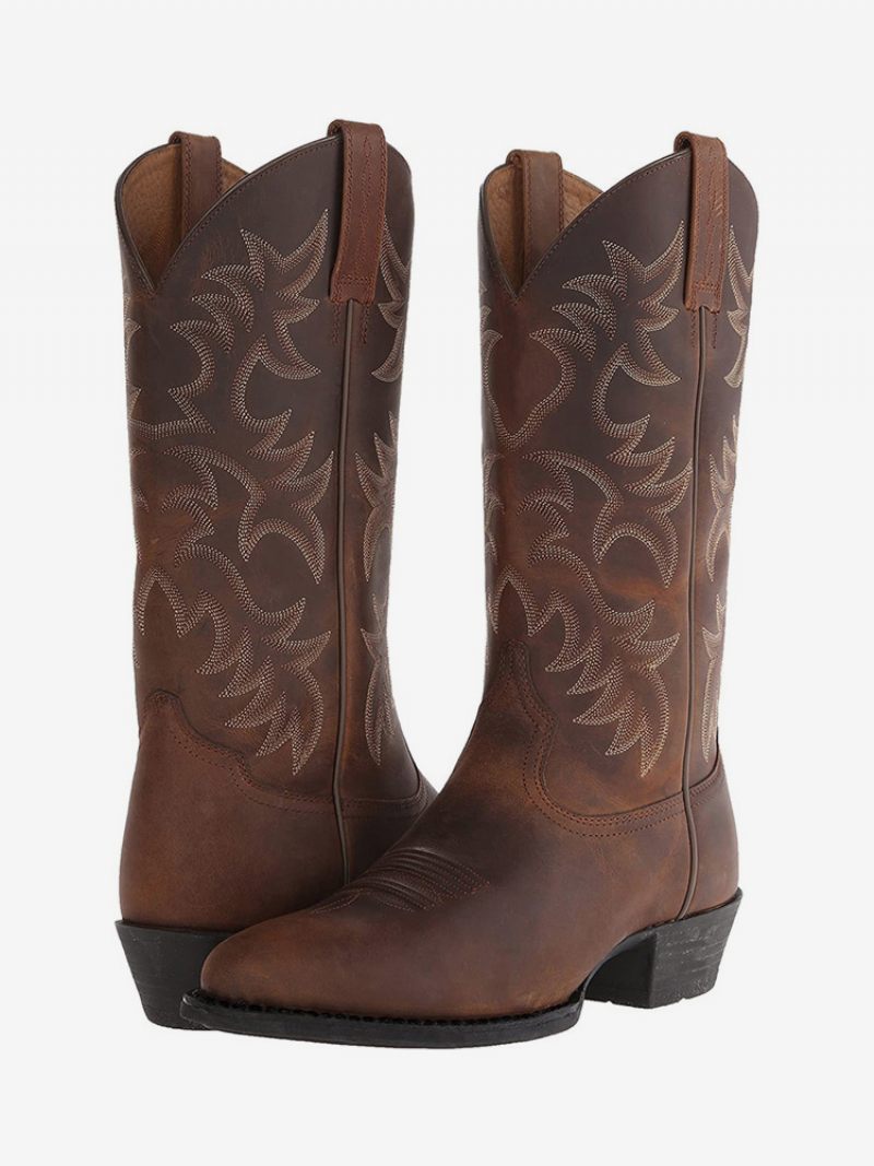 Bottes Pour Hommes Cowboy Café Marron Cuir Pu Bout Pointu - Marron Café