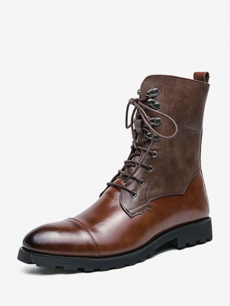 Bottes Pour Hommes Cowboy Café Marron Cuir Pu Bout Rond - Marron Café