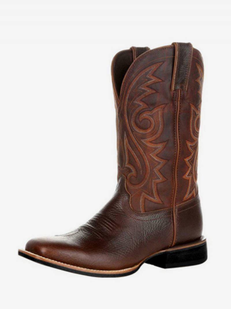 Bottes Pour Hommes Cowboy Café Marron Pu Cuir Bout Pointu Mi-mollet