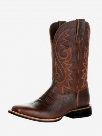 Bottes Pour Hommes Cowboy Café Marron Pu Cuir Bout Pointu Mi-mollet