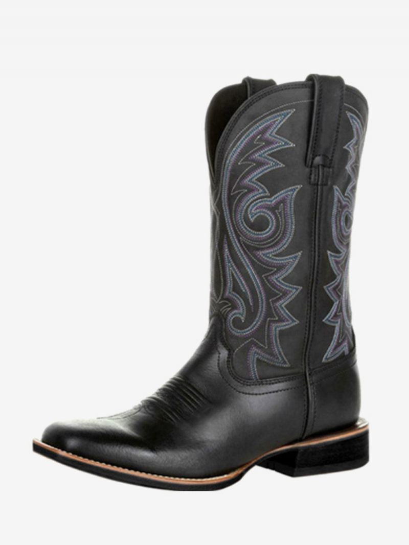 Bottes Pour Hommes Cowboy Café Marron Pu Cuir Bout Pointu Mi-mollet - Noir