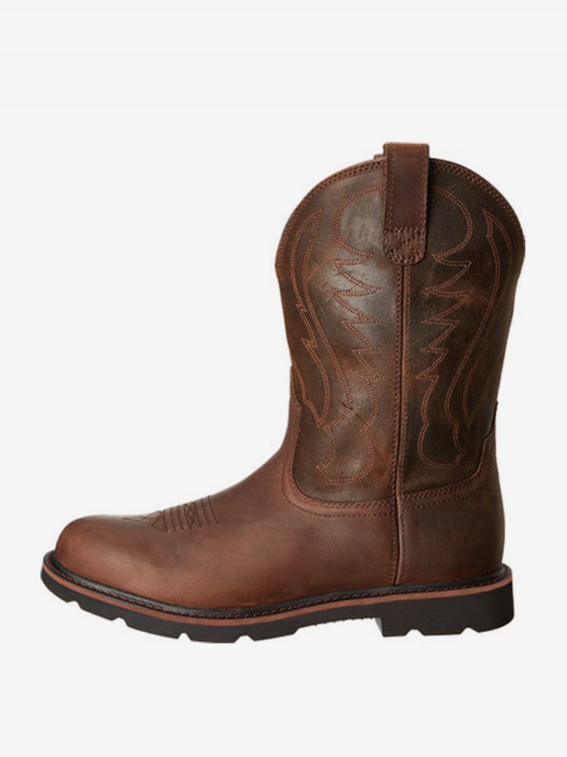 Bottes Pour Hommes Cowboy Chocolat Pu Cuir Bout Rond Mi-mollet - Café Marron