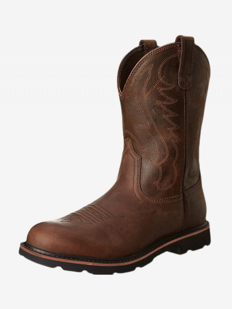 Bottes Pour Hommes Cowboy Chocolat Pu Cuir Bout Rond Mi-mollet - Café Marron