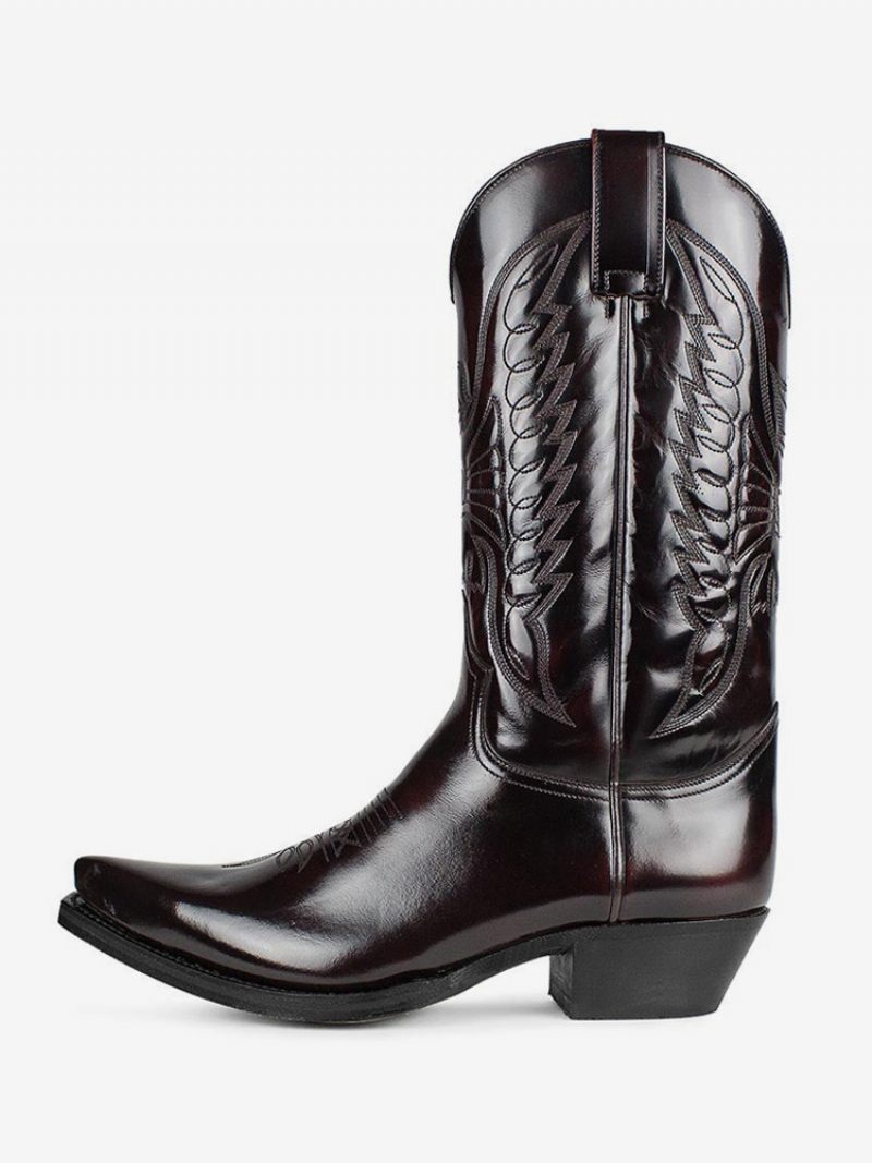 Bottes Pour Hommes Cowboy Cuir Pu Marron Foncé Mi-mollet À Bout Pointu