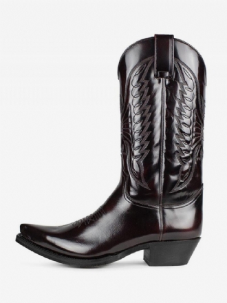 Bottes Pour Hommes Cowboy Cuir Pu Marron Foncé Mi-mollet À Bout Pointu