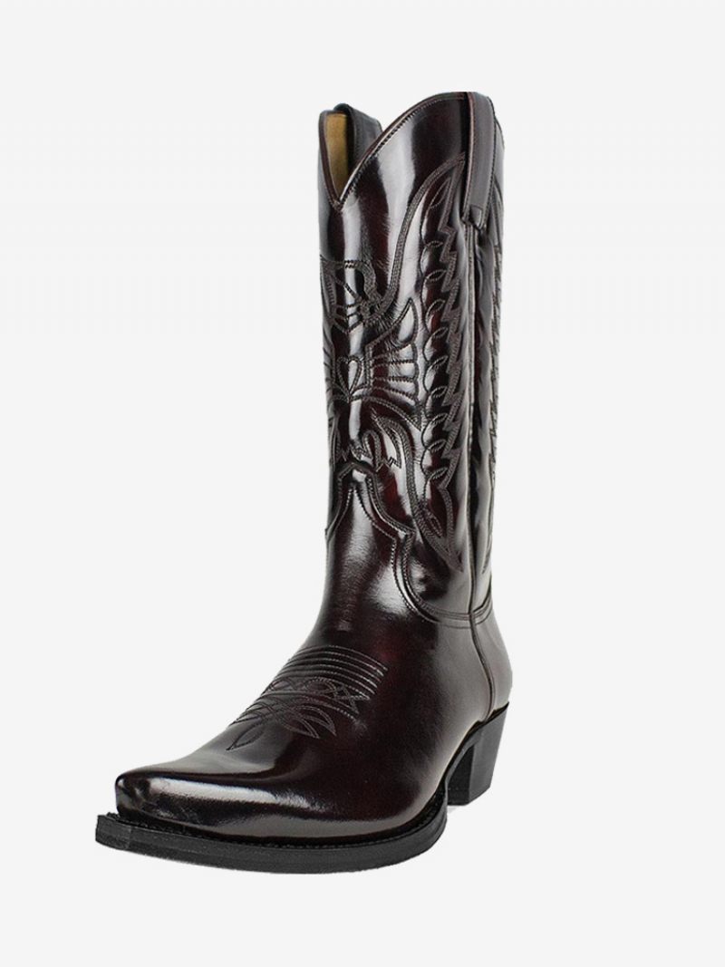 Bottes Pour Hommes Cowboy Cuir Pu Marron Foncé Mi-mollet À Bout Pointu - Brun Foncé