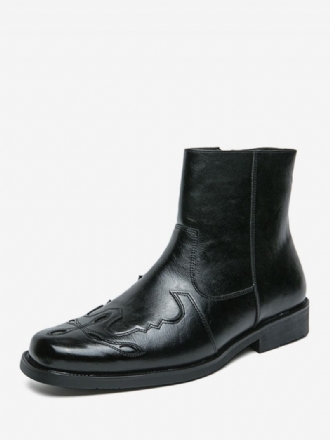 Bottes Pour Hommes Cowboy Cuir Pu Noir Bout Rond Brodé