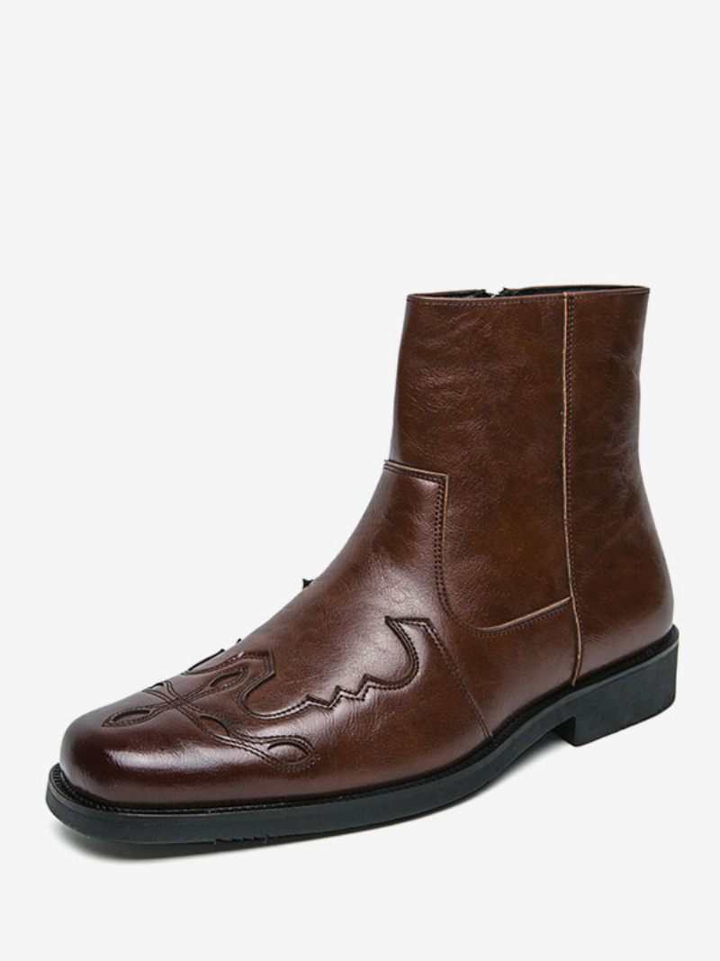 Bottes Pour Hommes Cowboy Cuir Pu Noir Bout Rond Brodé - Marron Café