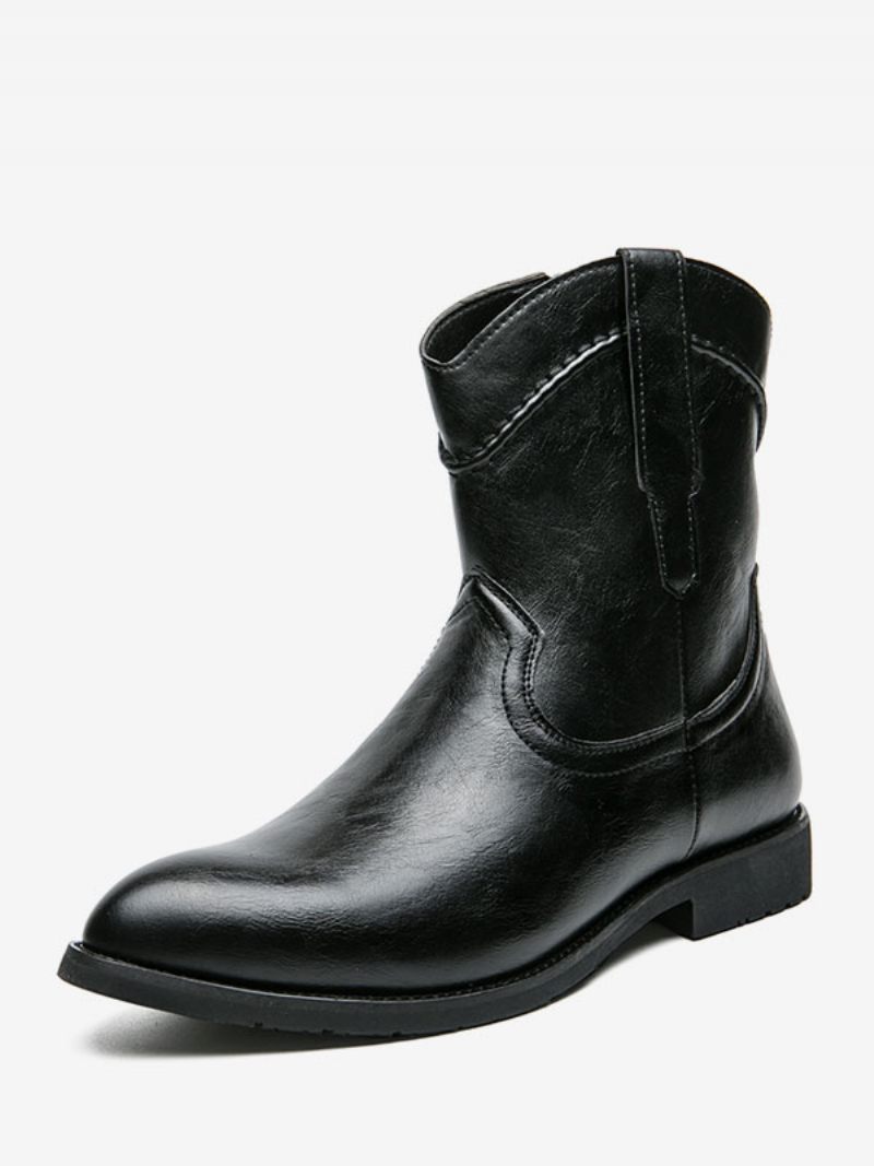 Bottes Pour Hommes Cowboy Jaune Cuir Pu Bout Pointu Brodé - Noir