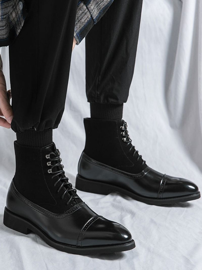 Bottes Pour Hommes Travail Combat À Bout Rond Cuir Pu - Noir