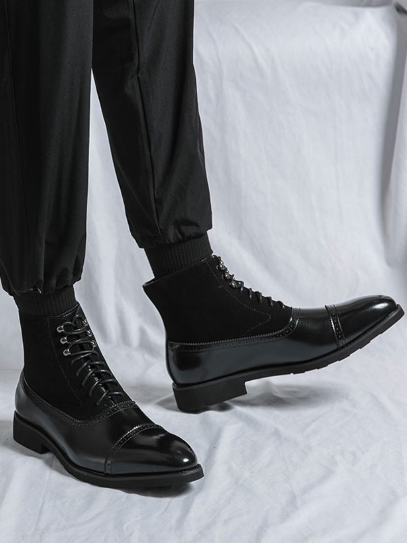 Bottes Pour Hommes Travail Combat À Bout Rond Cuir Pu - Noir