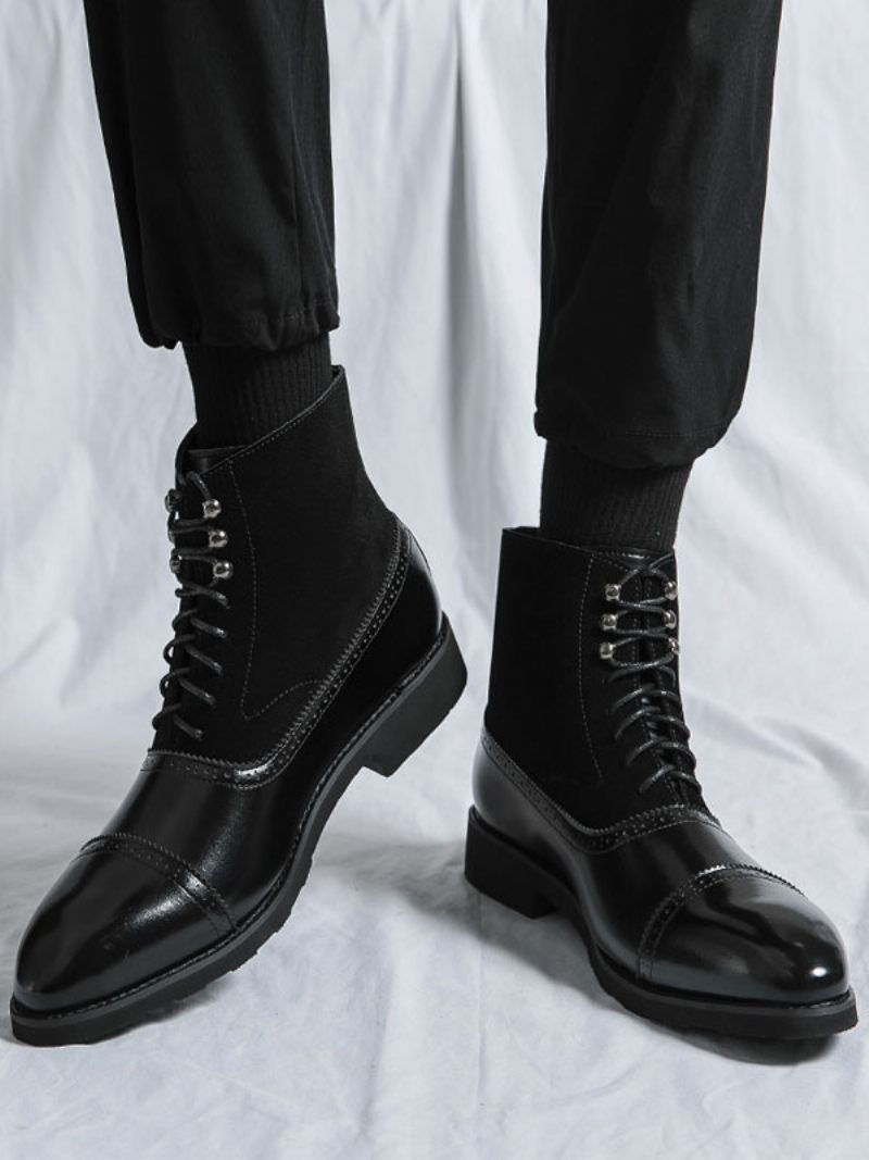 Bottes Pour Hommes Travail Combat À Bout Rond Cuir Pu - Noir