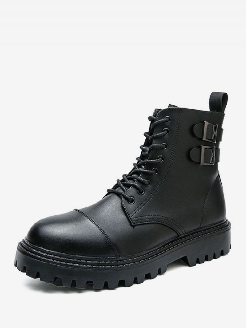 Bottes Pour Hommes Travail Combat À Bout Rond Cuir Pu - Noir