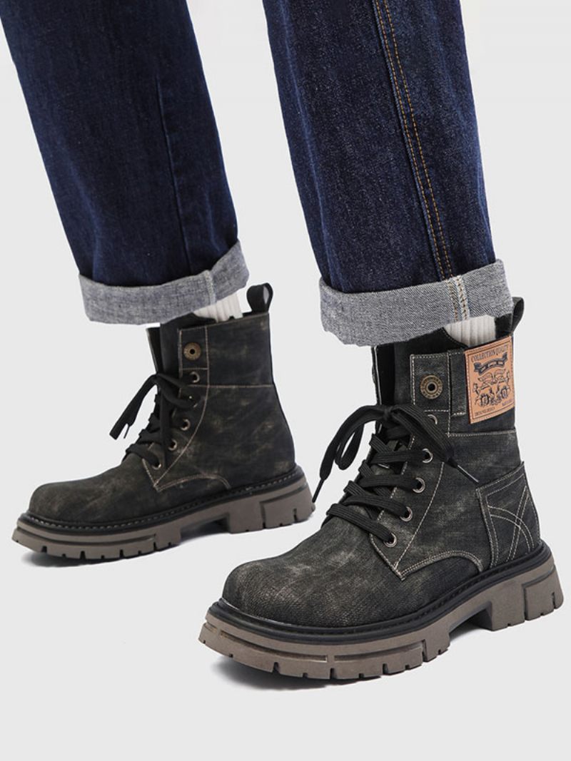 Bottes Pour Hommes Travail Combat À Bout Rond Cuir Pu - Noir