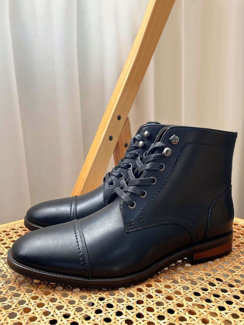 Bottes Pour Hommes Travail Combat À Bout Rond Cuir Vache - Noir