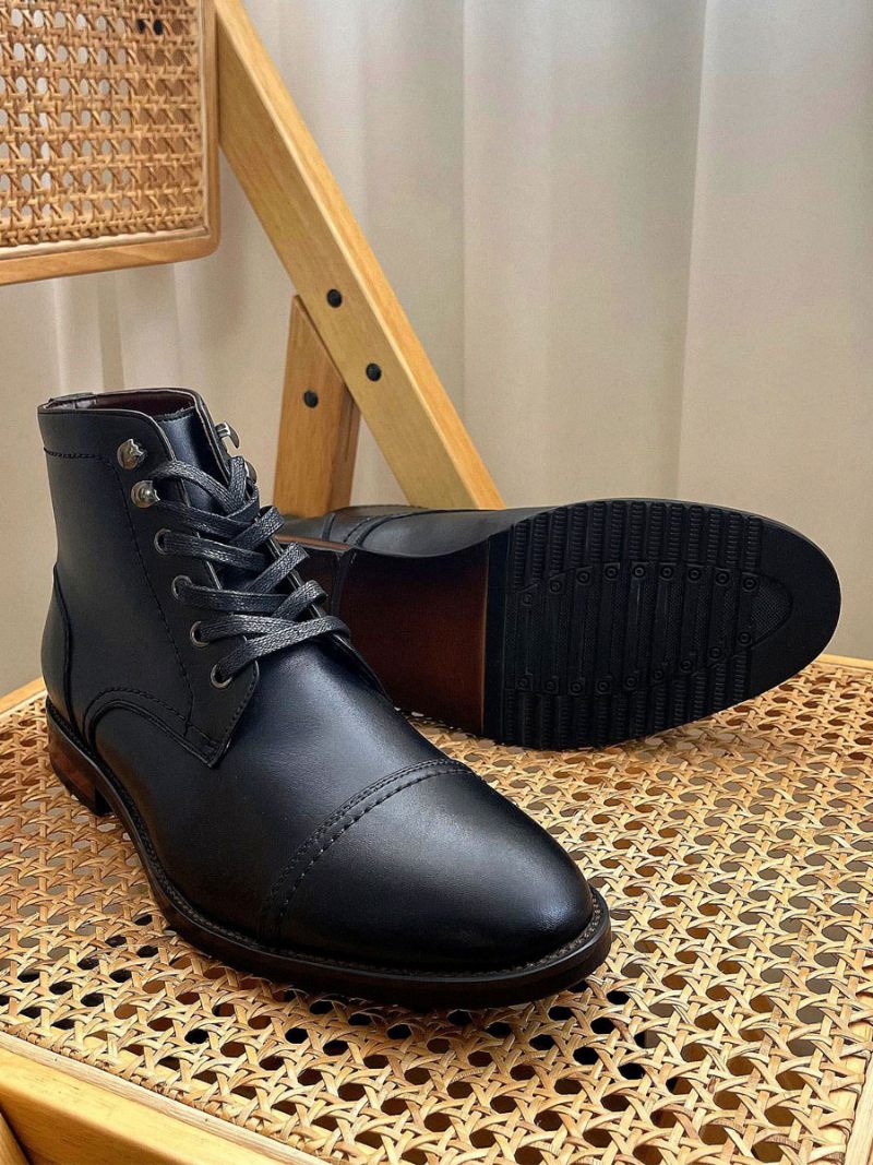 Bottes Pour Hommes Travail Combat À Bout Rond Cuir Vache - Noir