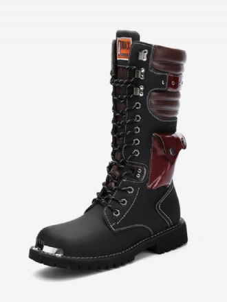 Bottes Pour Hommes Travail Cuir Pu Combat À Bout Rond Boucles Hautes Au Genou Steampunk