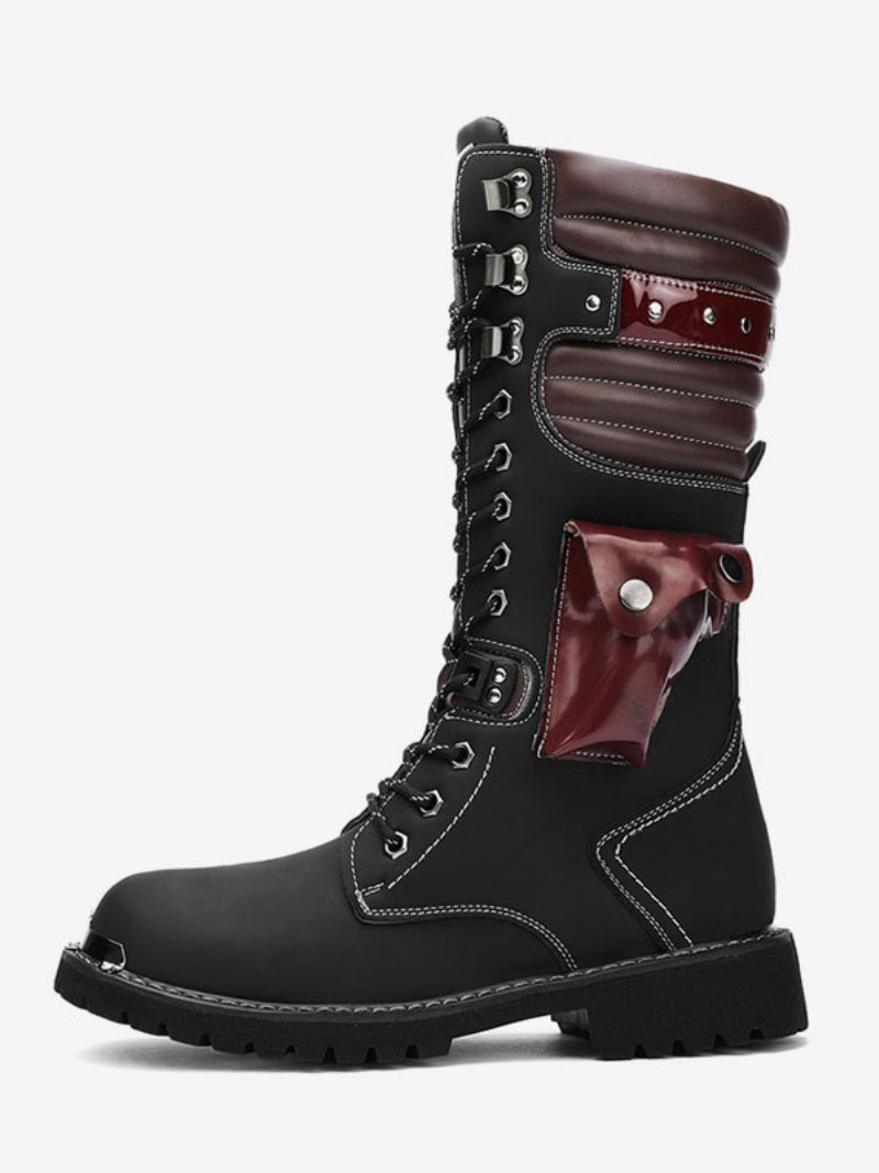 Bottes Pour Hommes Travail Cuir Pu Combat À Bout Rond Boucles Hautes Au Genou Steampunk - Noir