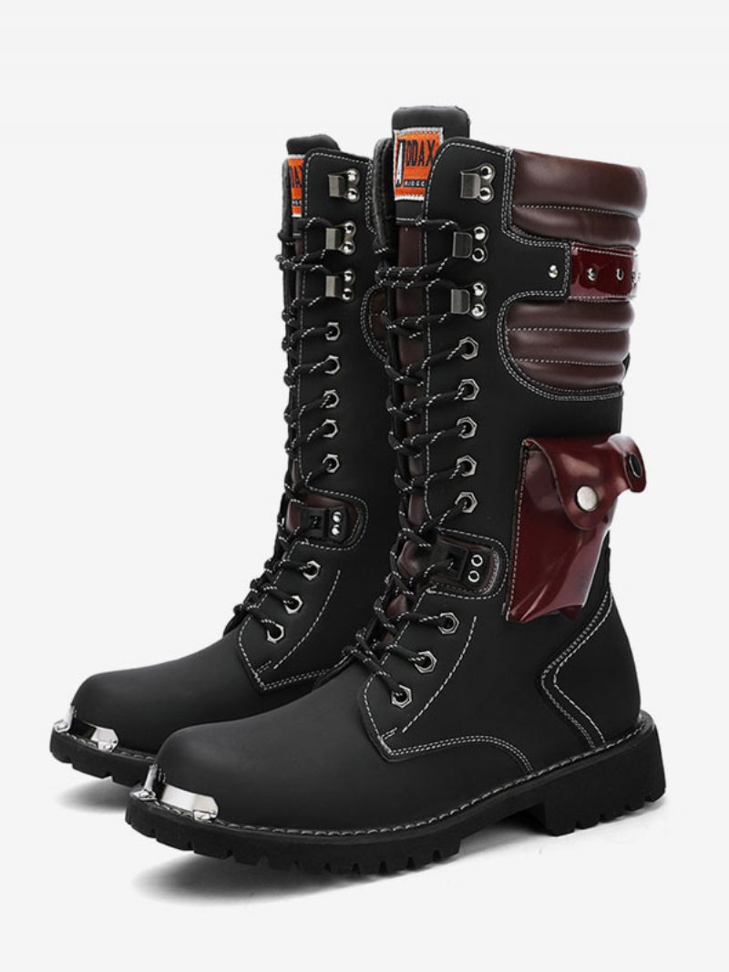 Bottes Pour Hommes Travail Cuir Pu Combat À Bout Rond Boucles Hautes Au Genou Steampunk - Noir