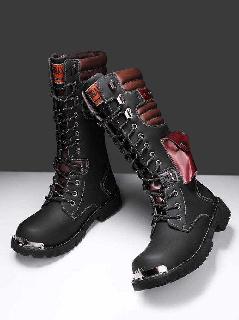 Bottes Pour Hommes Travail Cuir Pu Combat À Bout Rond Boucles Hautes Au Genou Steampunk - Noir