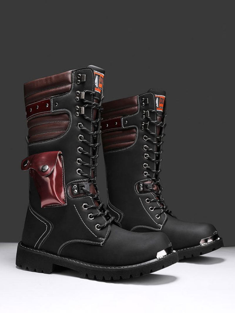 Bottes Pour Hommes Travail Cuir Pu Combat À Bout Rond Boucles Hautes Au Genou Steampunk - Noir