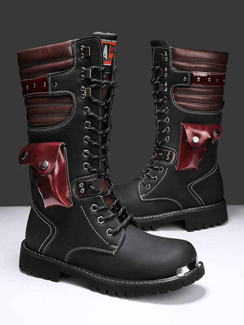 Bottes Pour Hommes Travail Cuir Pu Combat À Bout Rond Boucles Hautes Au Genou Steampunk - Noir