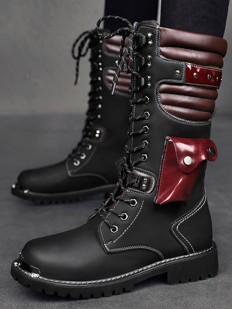 Bottes Pour Hommes Travail Cuir Pu Combat À Bout Rond Boucles Hautes Au Genou Steampunk - Noir