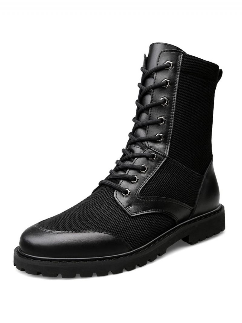 Bottes Mi-mollet Pour Hommes Fabuleuses Noires À Lacets Cuir Pu Bout Rond