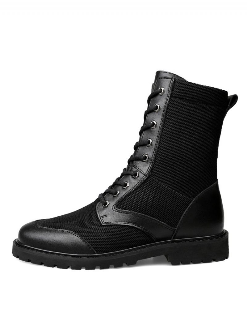 Bottes Mi-mollet Pour Hommes Fabuleuses Noires À Lacets Cuir Pu Bout Rond - Noir