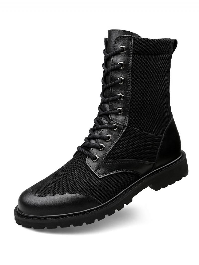 Bottes Mi-mollet Pour Hommes Fabuleuses Noires À Lacets Cuir Pu Bout Rond - Noir