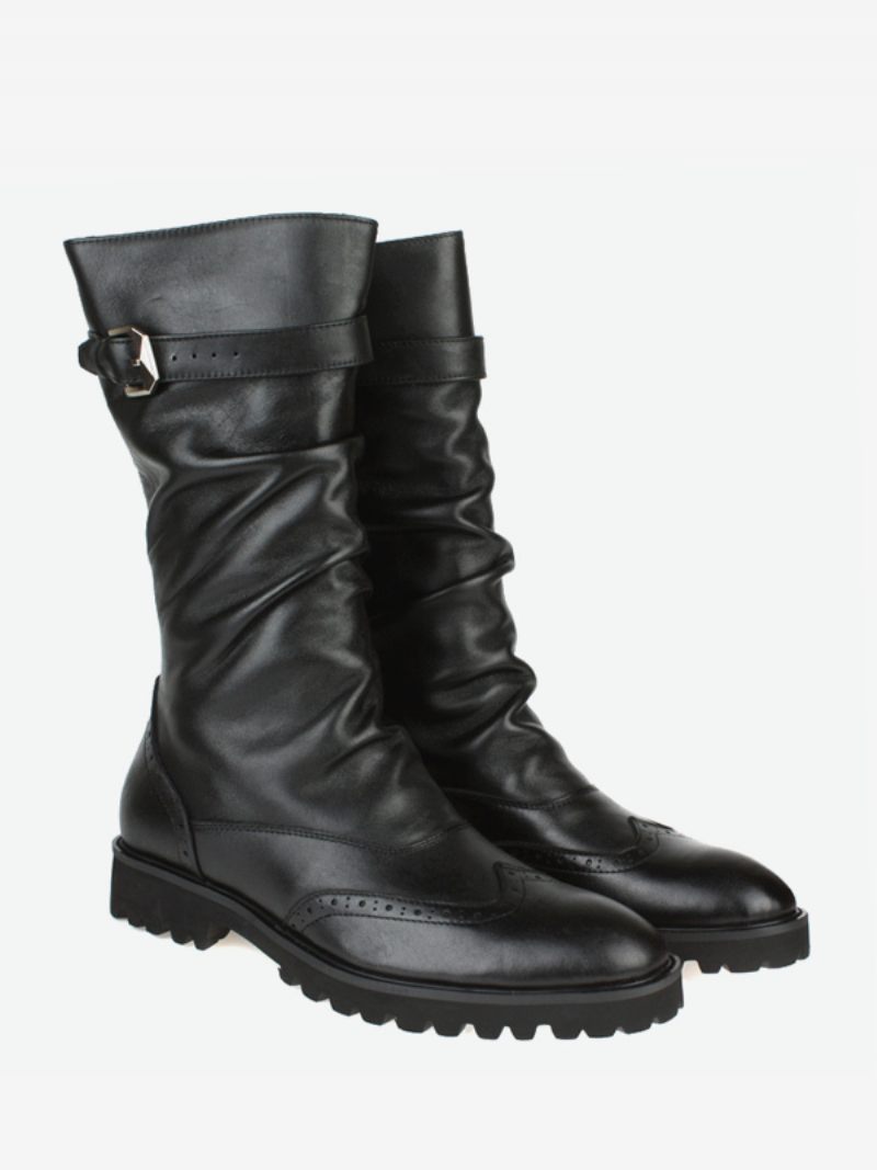 Bottes Mi-mollet Pour Hommes Travail Cuir Vache Noires Classiques - Noir