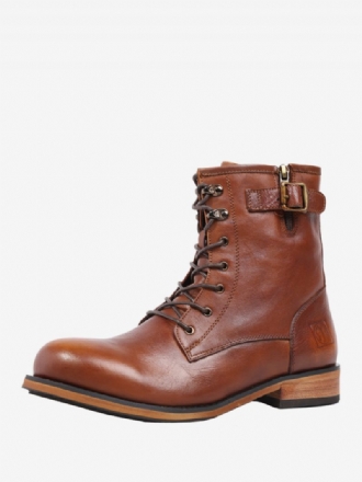 Bottes Moto Pour Hommes Combat À Bout Rond Cuir Vache Marron Foncé