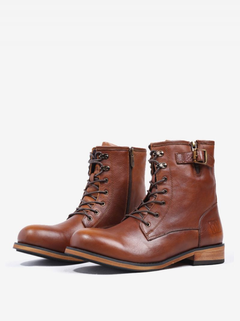 Bottes Moto Pour Hommes Combat À Bout Rond Cuir Vache Marron Foncé - Brun Foncé