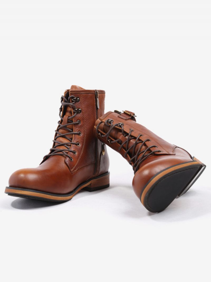 Bottes Moto Pour Hommes Combat À Bout Rond Cuir Vache Marron Foncé - Brun Foncé