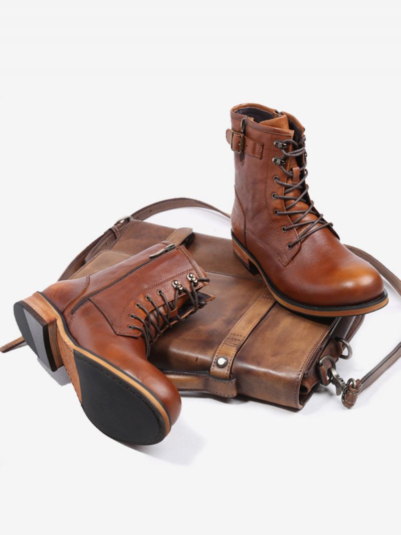 Bottes Moto Pour Hommes Combat À Bout Rond Cuir Vache Marron Foncé - Brun Foncé