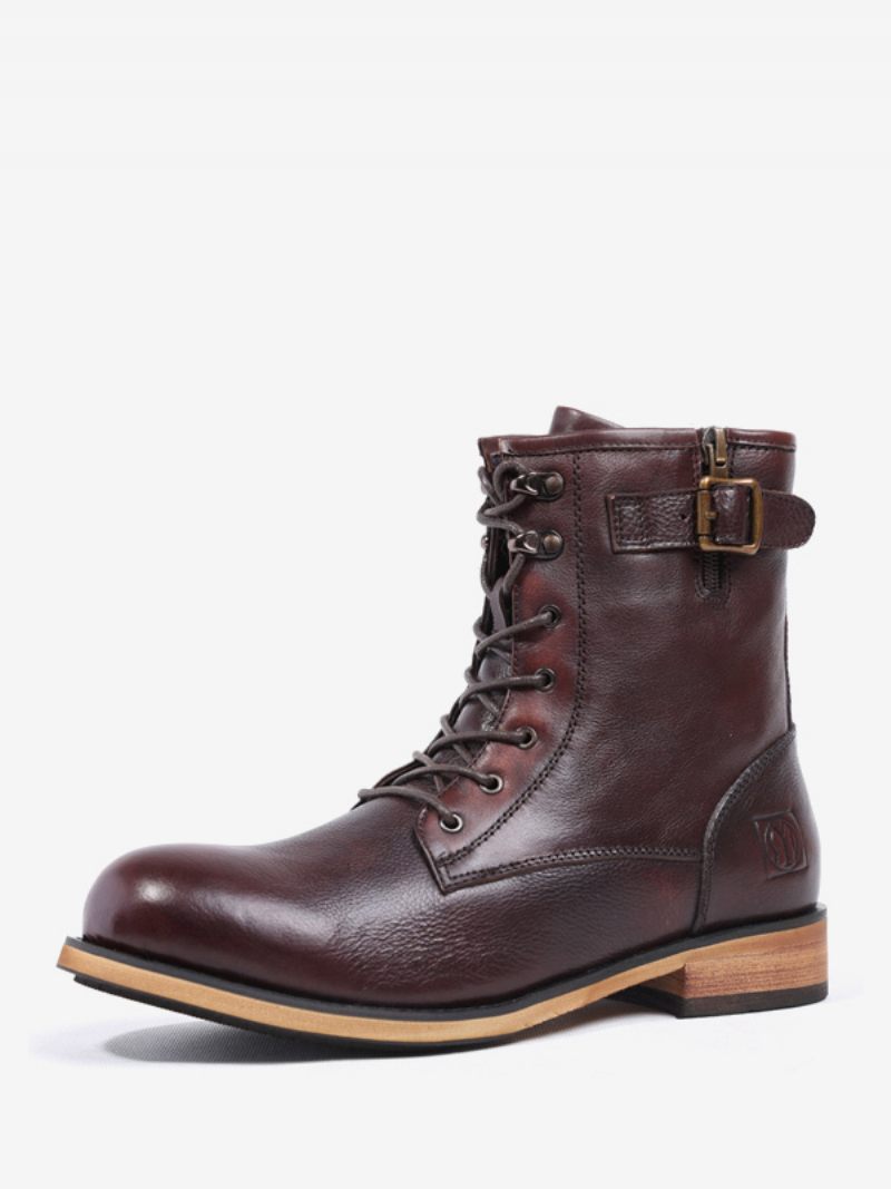 Bottes Moto Pour Hommes Combat À Bout Rond Cuir Vache Marron Foncé - Acajou