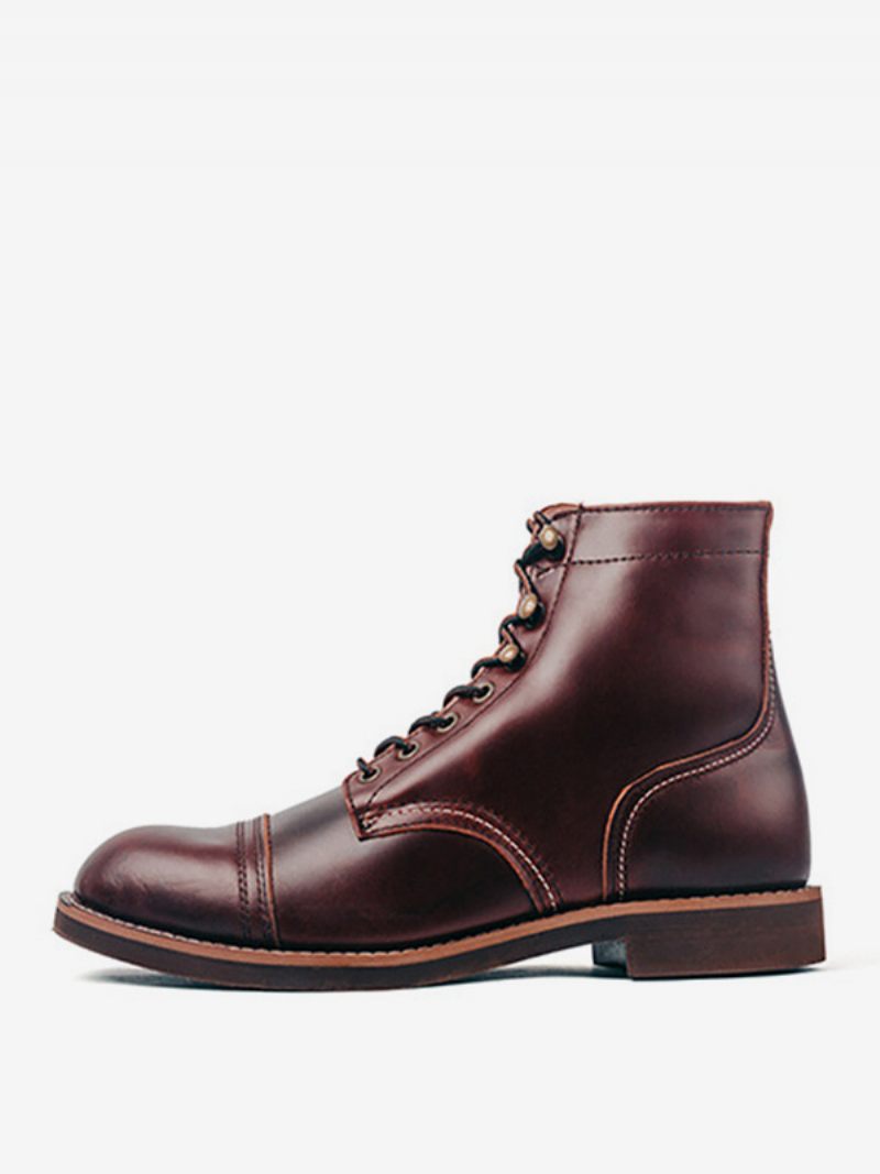 Bottes Moto Travail Martin Pour Hommes Combat À Bout Rond Cuir Vache Marron Foncé - Marron Foncé