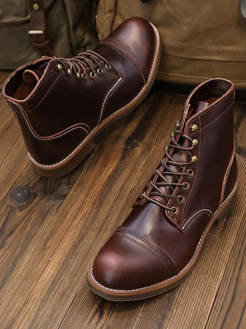 Bottes Moto Travail Martin Pour Hommes Combat À Bout Rond Cuir Vache Marron Foncé - Marron Foncé