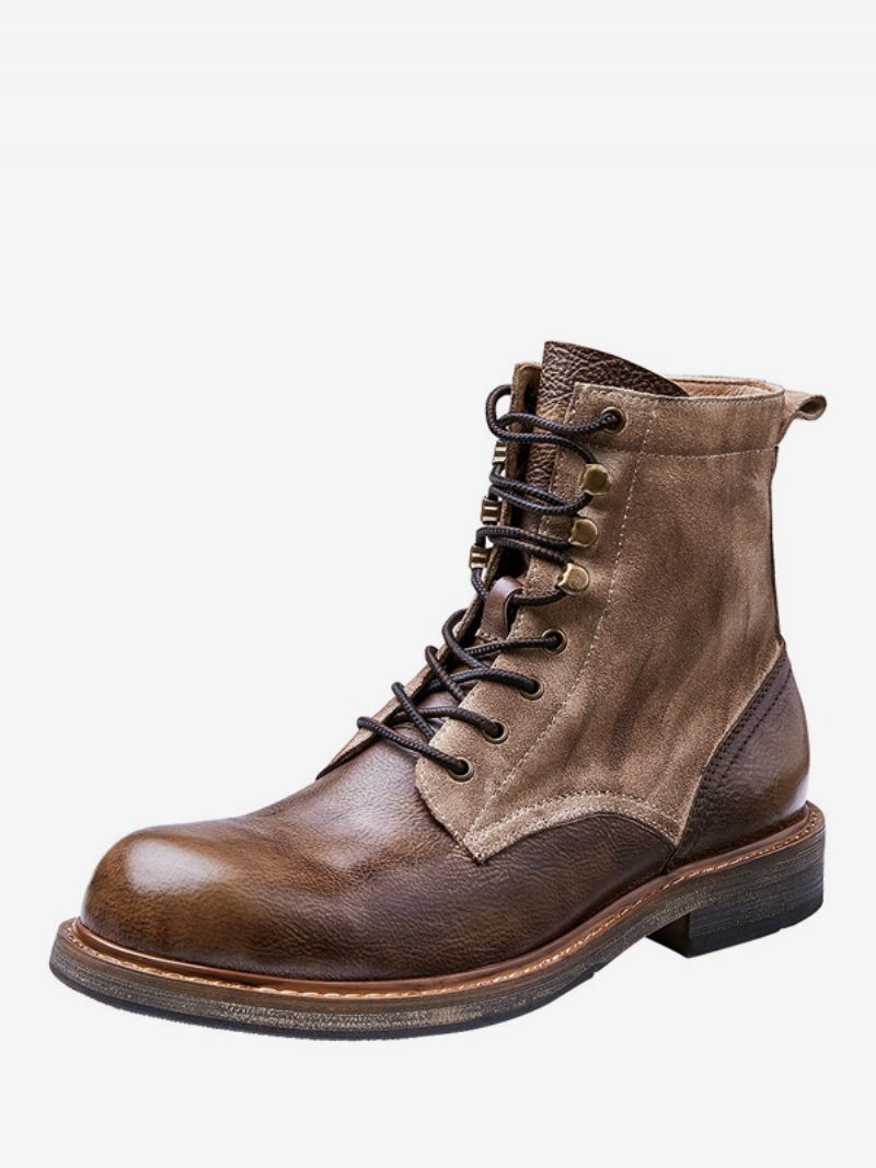 Bottes Moto Travail Martin Velours Pour Hommes Courtes À Bout Rond Cuir Vache Marron Foncé