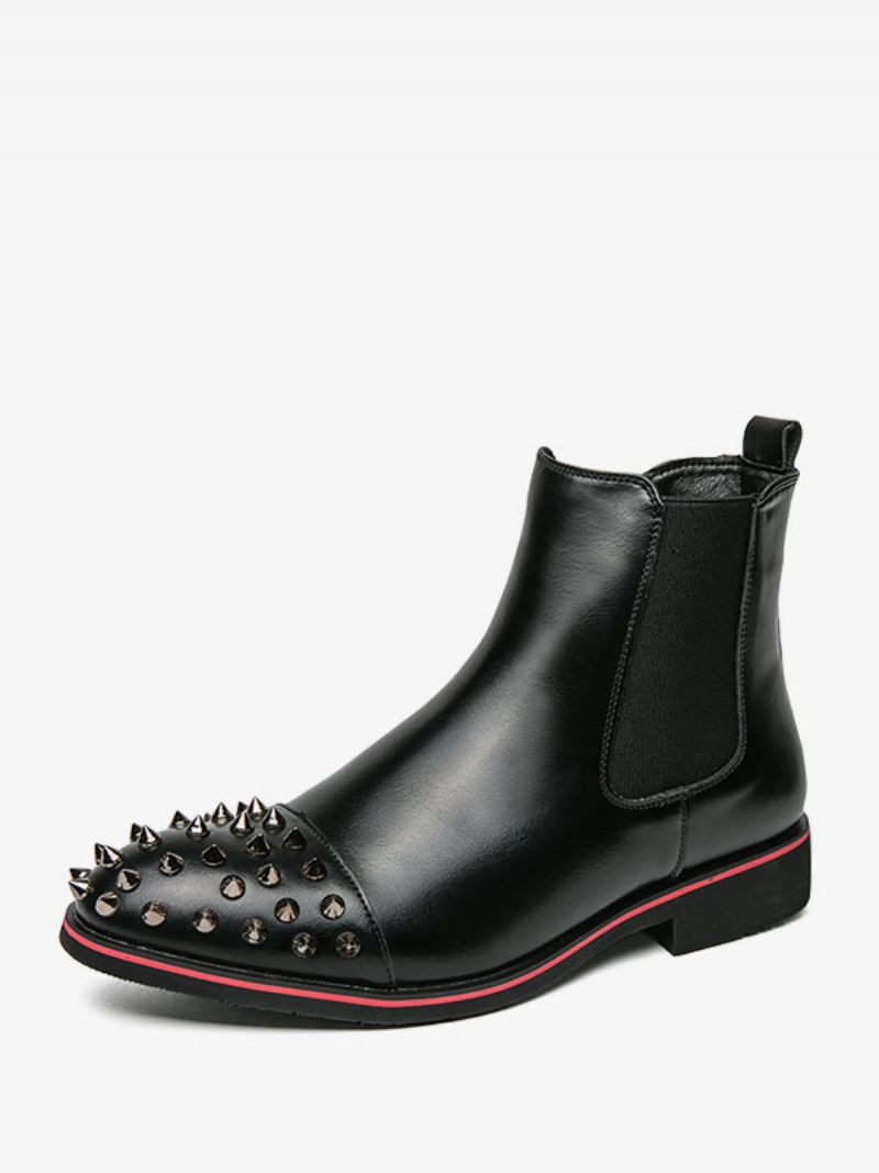 Bottes Noires Pour Hommes Cuir Pu À Bout Rond Et Rivets Chelsea