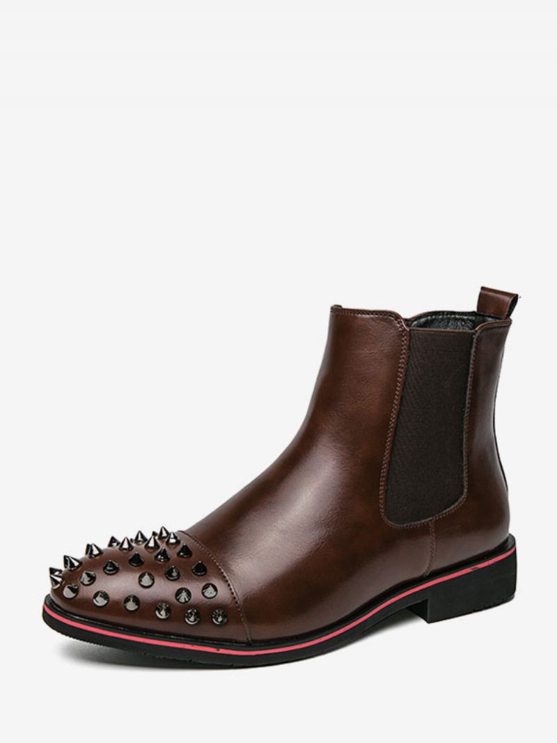 Bottes Noires Pour Hommes Cuir Pu À Bout Rond Et Rivets Chelsea - Marron Café