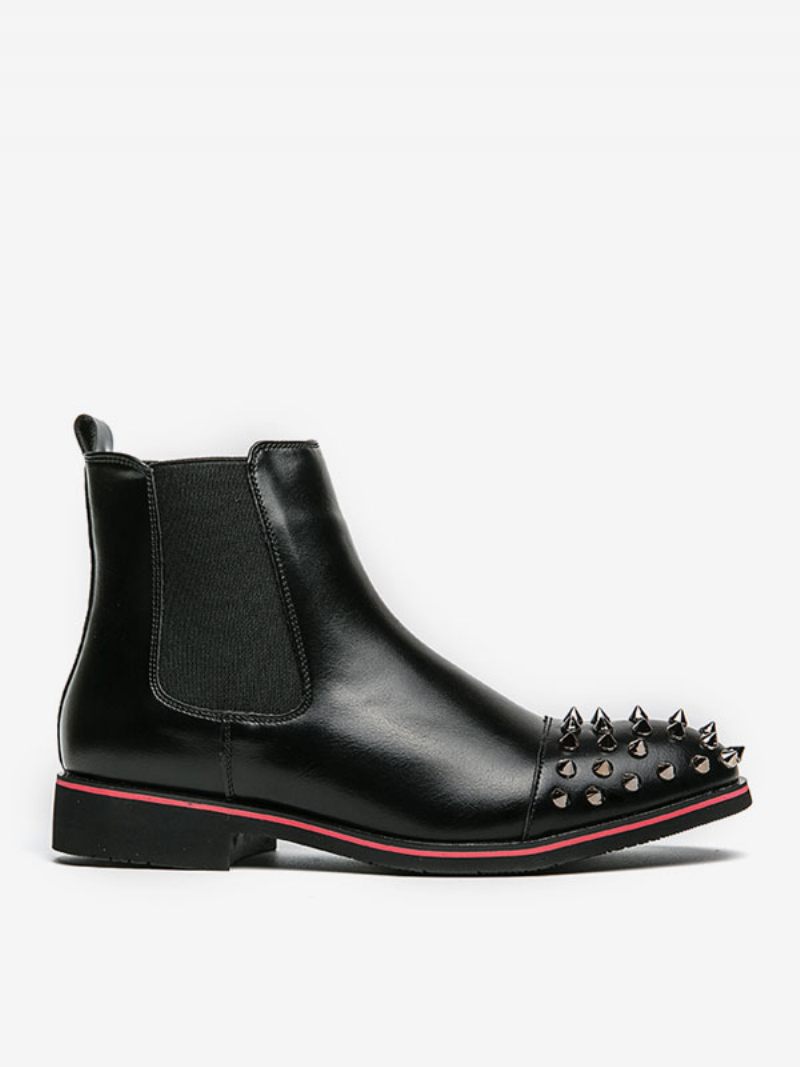 Bottes Noires Pour Hommes Cuir Pu À Bout Rond Et Rivets Chelsea - Noir