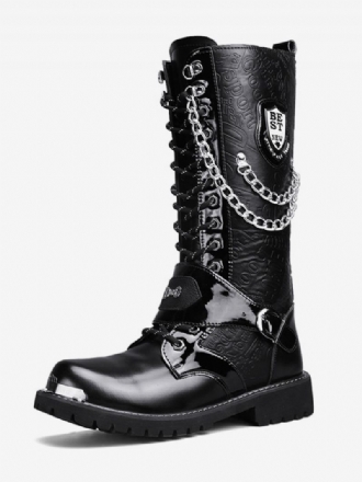 Bottes Travail Hautes Pour Hommes Cuir Pu Combat À Bout Rond Boucles Chaînes Mentales Steampunk