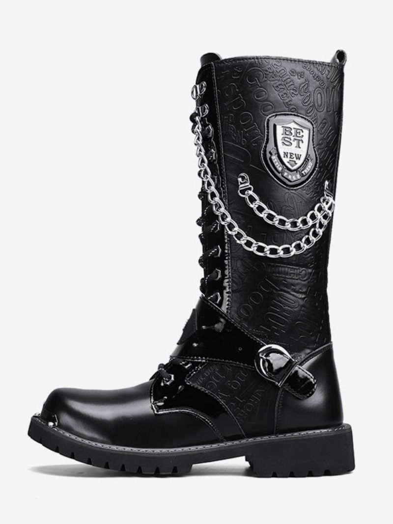 Bottes Travail Hautes Pour Hommes Cuir Pu Combat À Bout Rond Boucles Chaînes Mentales Steampunk - Noir