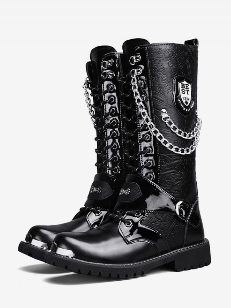 Bottes Travail Hautes Pour Hommes Cuir Pu Combat À Bout Rond Boucles Chaînes Mentales Steampunk - Noir