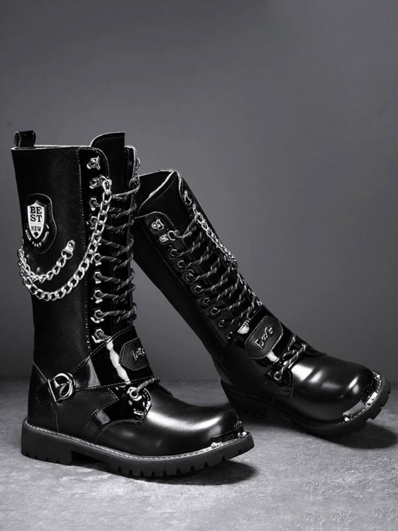 Bottes Travail Hautes Pour Hommes Cuir Pu Combat À Bout Rond Boucles Chaînes Mentales Steampunk - Noir