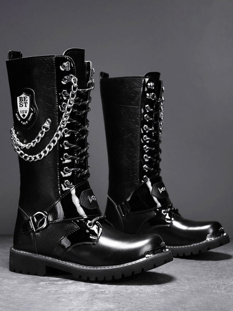 Bottes Travail Hautes Pour Hommes Cuir Pu Combat À Bout Rond Boucles Chaînes Mentales Steampunk - Noir