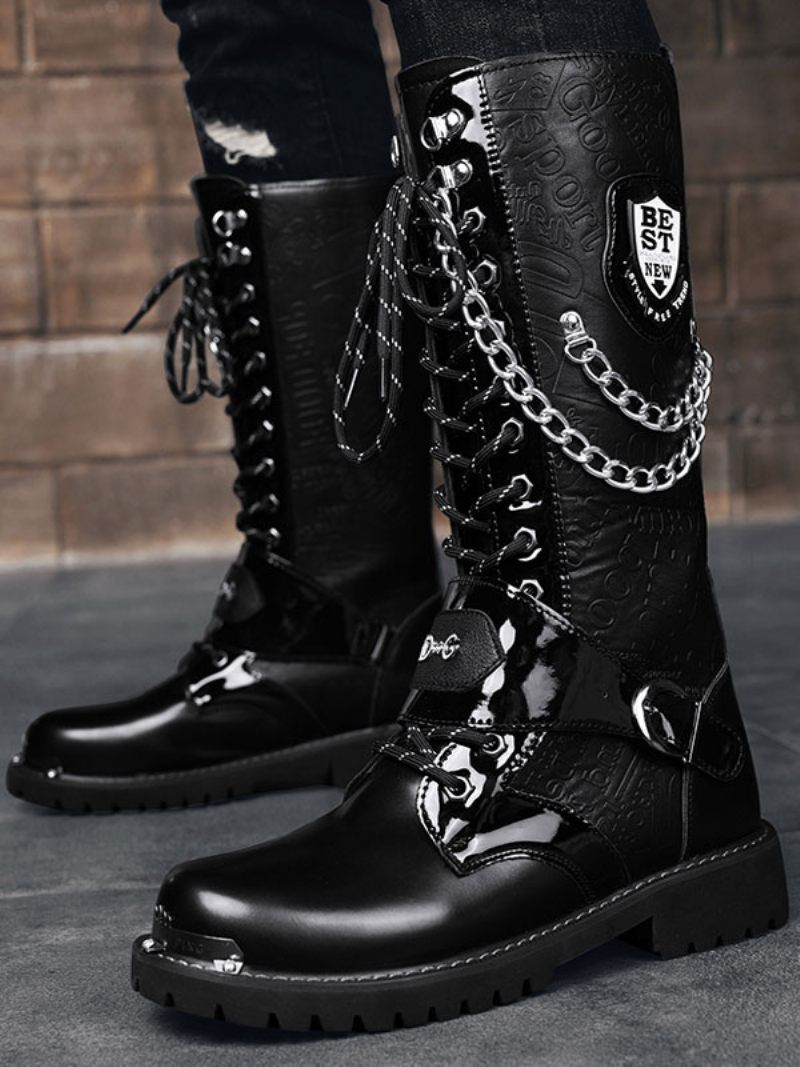 Bottes Travail Hautes Pour Hommes Cuir Pu Combat À Bout Rond Boucles Chaînes Mentales Steampunk - Noir