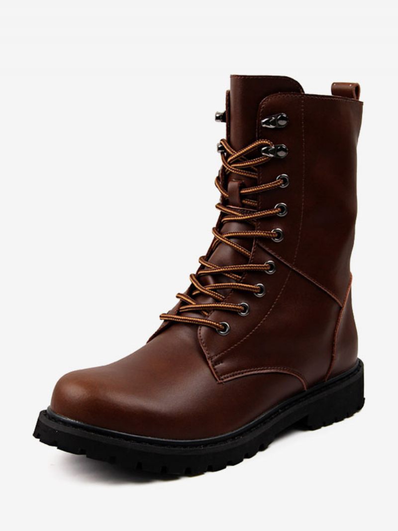 Bottes Travail Pour Hommes Combat Cuir Pu À Lacets Bout Rond Boucles Mi-mollet