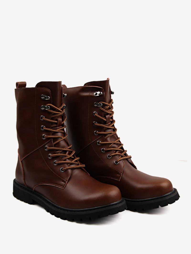 Bottes Travail Pour Hommes Combat Cuir Pu À Lacets Bout Rond Boucles Mi-mollet - Marron Café